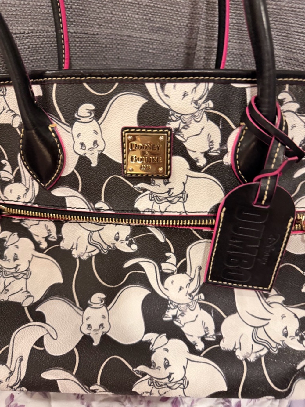 Dooney & Bourke Black & White Dumbo Print Tote with Pink Trim